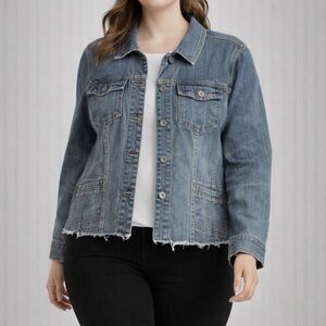 Chico’s Platinum Denim Jacket Frayed Hem Stretch Jean Jacket - Size 2